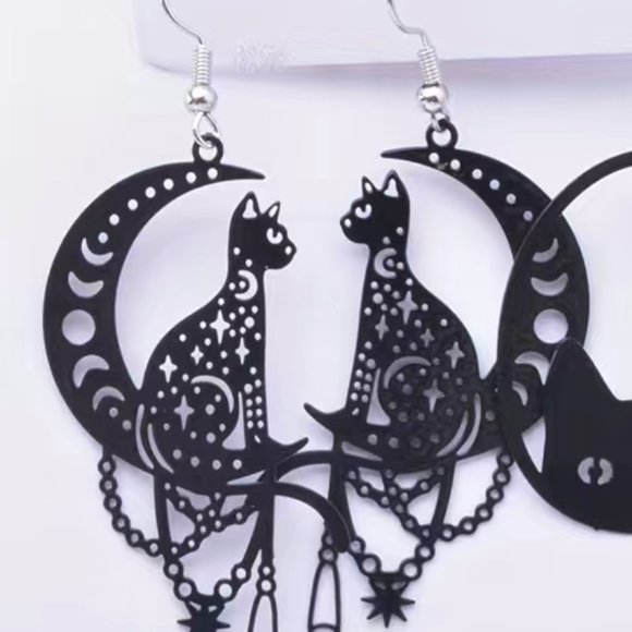 Black Cat Moon Stars Chain Earrings - Picture 1 of 1